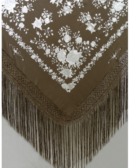 shawl, hand-made, silk, fringe, embroidery, artisans, craft, Andalusia, brown, ivory
