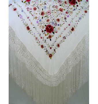 615 MF/ CO PA, mantón, hecho a mano, seda, flecos, bordado, artesanía, Andalucía, crudo, marfil, pastel