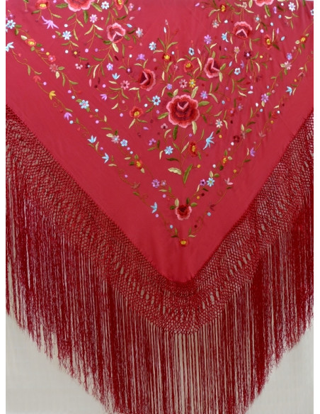 620 RJ/CO, mantón, hecho a mano, seda, flecos, bordado, artesanía, Andalucía, rojo
