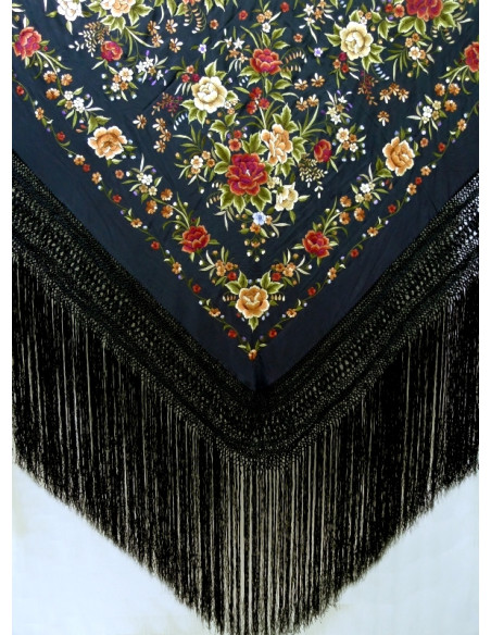 993 NG/CO, mantón, hecho a mano, seda, flecos, bordado, artesanía, Andalucía, negro