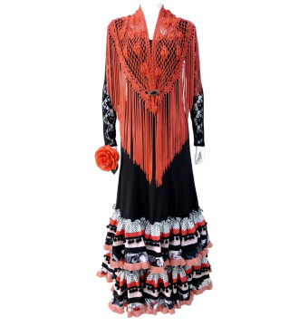 outfit completo, top, camiseta, falda, mantoncillo, flor, broche