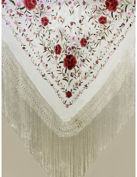shawl, hand-made, silk, fringe, embroidery, artisans, craft, Andalusia, ivory, off white