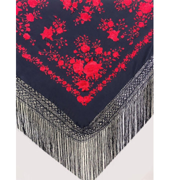 1017 NG/RJ, mantón, hecho a mano, seda, flecos, bordado, artesanía, Andalucía, negro, rojo