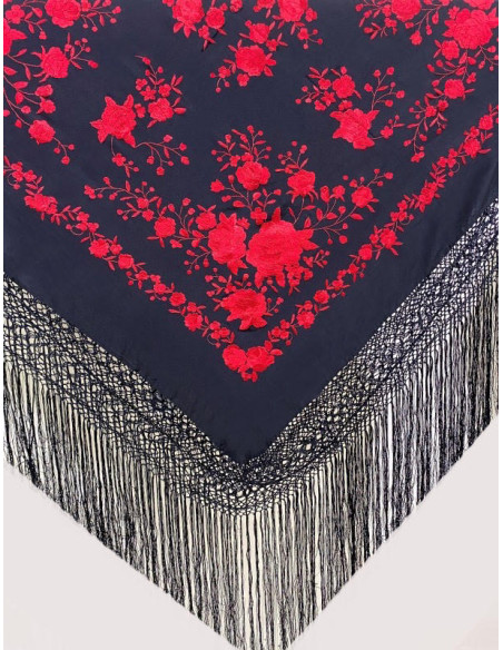 1017 NG/RJ, mantón, hecho a mano, seda, flecos, bordado, artesanía, Andalucía, negro, rojo