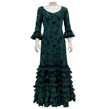 vestido, escenario, volantes, gasa, terciopelo, verde, negro