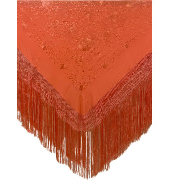 612B CR/CR, shawl, hand-made, silk, fringe, embroidery, coral