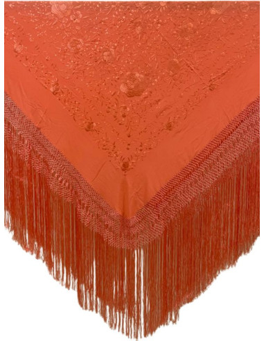 612B CR/CR, shawl, hand-made, silk, fringe, embroidery, coral