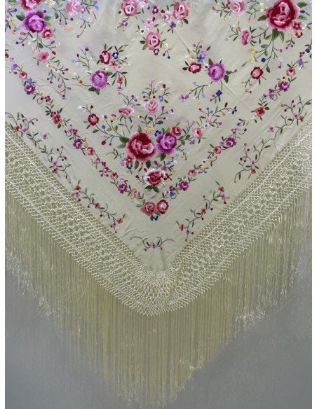 1017 BE/CO, shawl, hand-made, silk, fringe, embroidery, beige