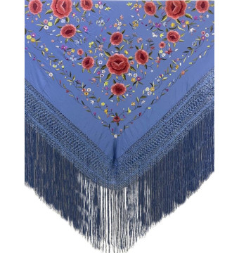 874 AT/CO, mantón, hecho a mano, seda, flecos, bordado, azul, celeste