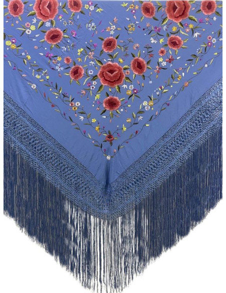 874 AT/CO, mantón, hecho a mano, seda, flecos, bordado, azul, celeste