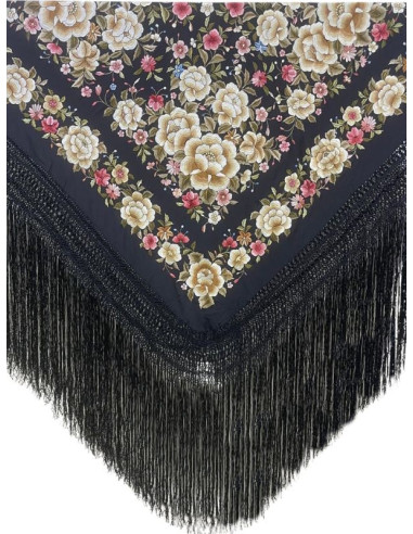 11099 NG/CO, shawl, hand-made, silk, fringe, embroidery, black