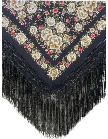11099 NG/CO, mantón, hecho a mano, seda, flecos, bordado, negro