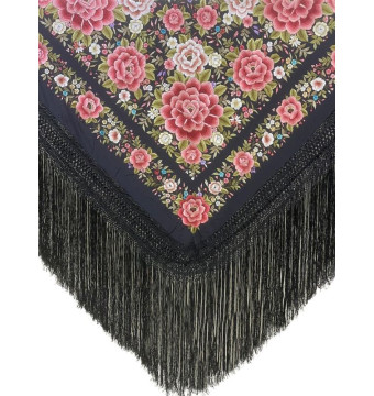 11125 NG/COp, mantón, hecho a mano, seda, flecos, bordado, negro
