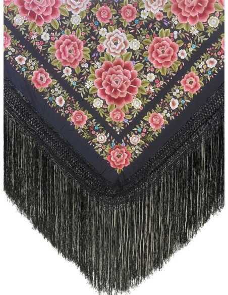 11125 NG/COp, mantón, hecho a mano, seda, flecos, bordado, negro