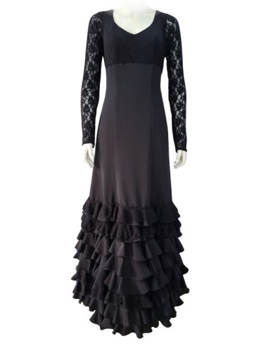 vestido, escenario, negro, encaje, volantes