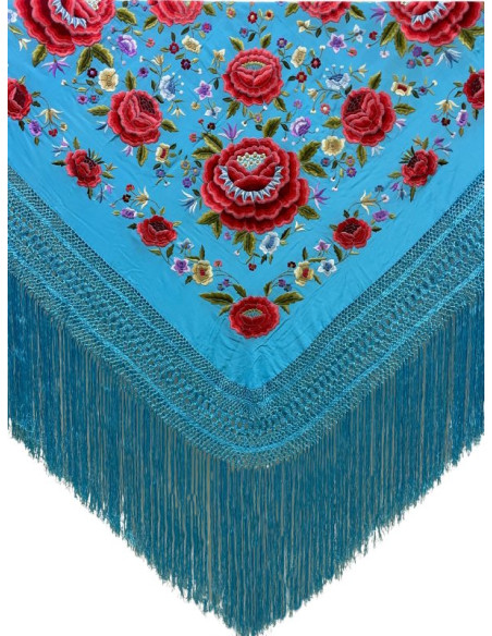 880 TQ/CO, mantón, hecho a mano, seda, flecos, bordado, turquesa