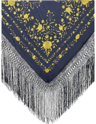 615 NG/OR, shawl, hand-made, silk, fringe, embroidery, gold, black