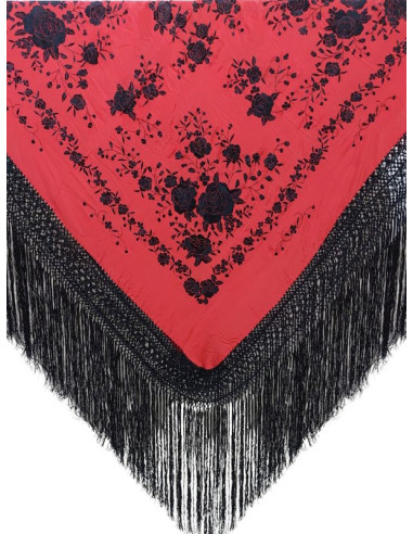 1017 RJ/NG, shawl, hand-made, silk, fringe, embroidery, red, black