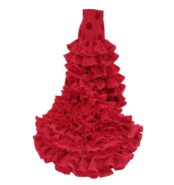 bata de cola, falda de cola, uso profesional, lunares, vestuario flamenco, rojo, terciopelo, gasa