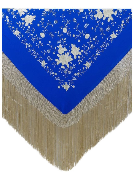 G425-5222 AZ/BE, mantón, hecho a mano, seda, flecos, bordado, azul, celeste