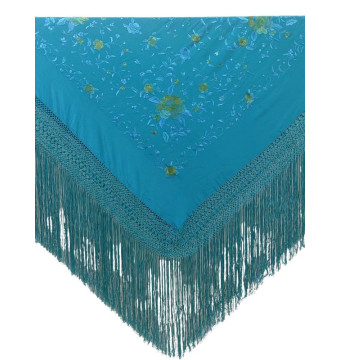 G113-4582 TQ/TQ, shawl, hand-made, silk, fringe, embroidery, turquoise