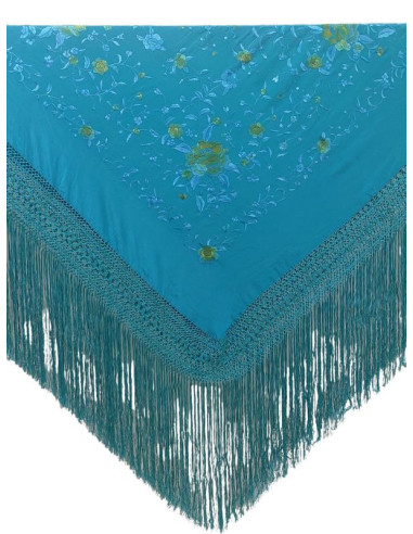 G113-4582 TQ/TQ mantón, hecho a mano, seda, flecos, bordado, turquesa