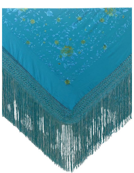 G113-4582 TQ/TQ mantón, hecho a mano, seda, flecos, bordado, turquesa