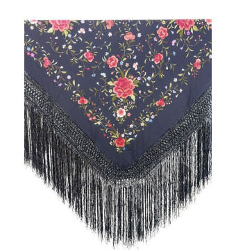 G291-185 NG/CO, shawl, hand-made, silk, fringe, embroidery, black