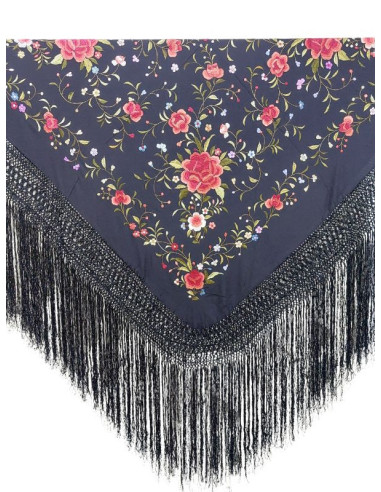 G291-185 NG/CO, mantón de manila, hecho a mano, flecos, seda, bordado, negro