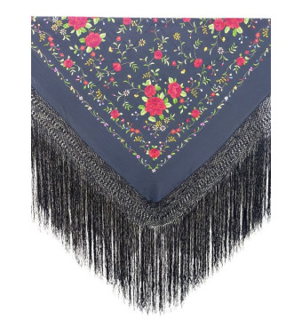 G425-1 NG/CO, shawl, hand-made, silk, fringe, embroidery, black