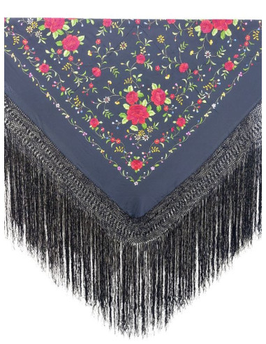 G425-1 NG/CO, mantón de manila, hecho a mano, flecos, seda, bordado, negro