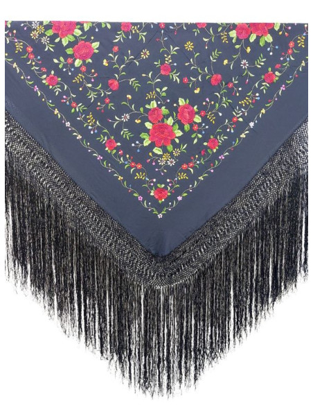 G425-1 NG/CO, mantón de manila, hecho a mano, flecos, seda, bordado, negro