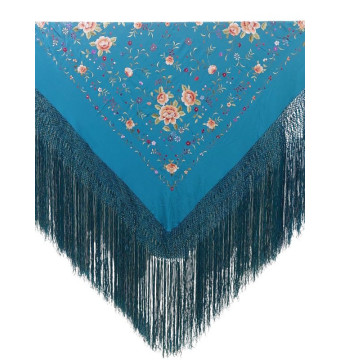 G425-217 TQ/CO, shawl, hand-made, silk, fringe, embroidery, turquoise