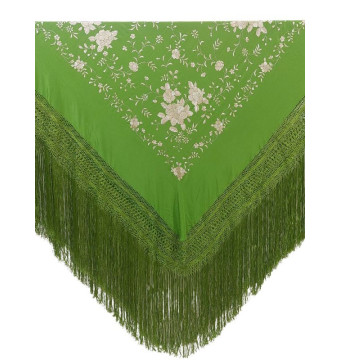G425-66 VD/BE, shawl, hand-made, silk, fringe, embroidery, green
