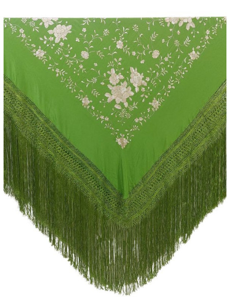 G425-66 VD/BE, shawl, hand-made, silk, fringe, embroidery, green