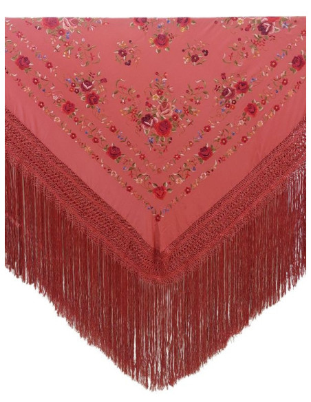 G340-232 TJ/CO shawl, hand-made, silk, fringe, embroidery, artisans, craft, Andalusia, coral