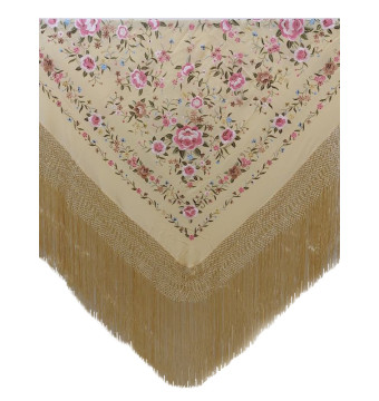 G637-3 BE/CO, mantón, hecho a mano, seda, flecos, bordado, beige, crema