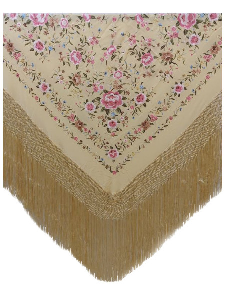 G637-3 BE/CO, shawl, hand-made, silk, fringe, embroidery, beige