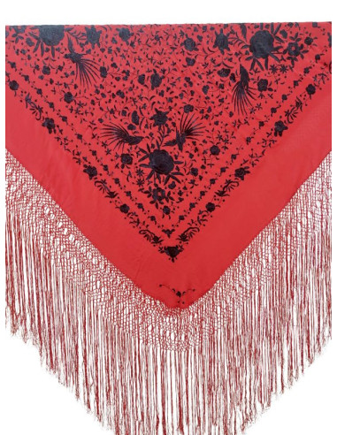 612B RJ/NG, shawl, hand-made, silk, fringe, embroidery, red, black
