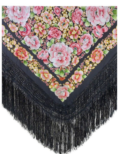 11114 NG/COp, mantón, hecho a mano, seda, flecos, bordado, negro