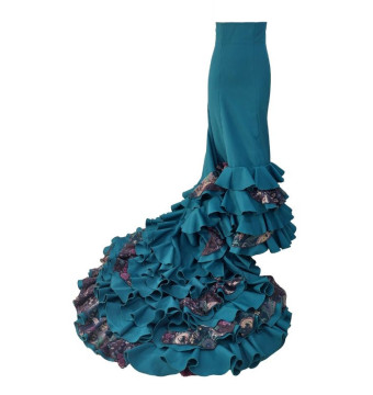 bata de cola, falda de cola, uso profesional, lunares, vestuario flamenco, petróleo, strech, gasa