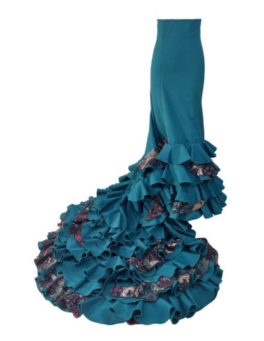 bata de cola, falda de cola, uso profesional, lunares, vestuario flamenco, petróleo, strech, gasa