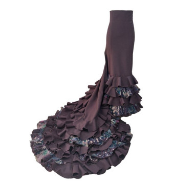 bata de cola, falda de cola, uso profesional, vestuario flamenco, berenjena, strech, gasa