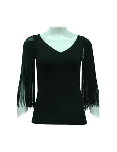 CAMISA CON HOMBRO DE TUL Y FLECOS, COLOR NEGRO